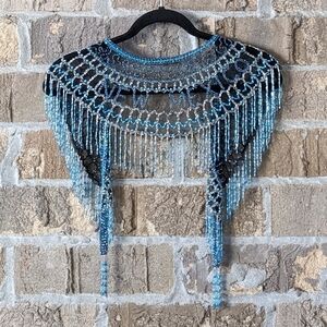 Handmade Beaded New Mexico Cropped Shawl Pearly Blue Silver